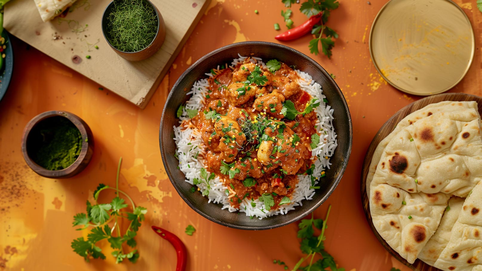 Ein dunkler Teller mit weißem Reis, bedeckt mit einer orangefarbenen Currysauce und verschiedenen Gemüsestücken. Frischer Koriander und Gewürze sind darüber gestreut. Daneben liegt ein Holzbrett mit Naan-Brot und ein paar Gewürzschalen. Der Hintergrund ist orange.