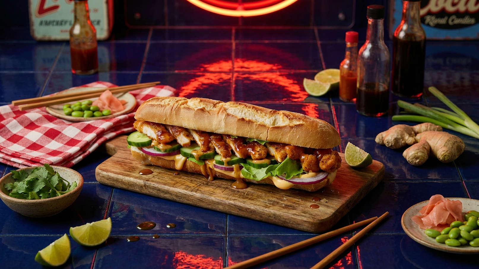 Ein großer Sandwich auf einem Holzbrett, gefüllt mit Hähnchen, Gurken, Salat und Sauce. Daneben kleine Schalen mit Ingwer und Edamame, sowie Limettenscheiben und eine kariert rot-weiße Serviette. Hintergrund mit einer Neonleuchte und verschiedenen Flaschen.