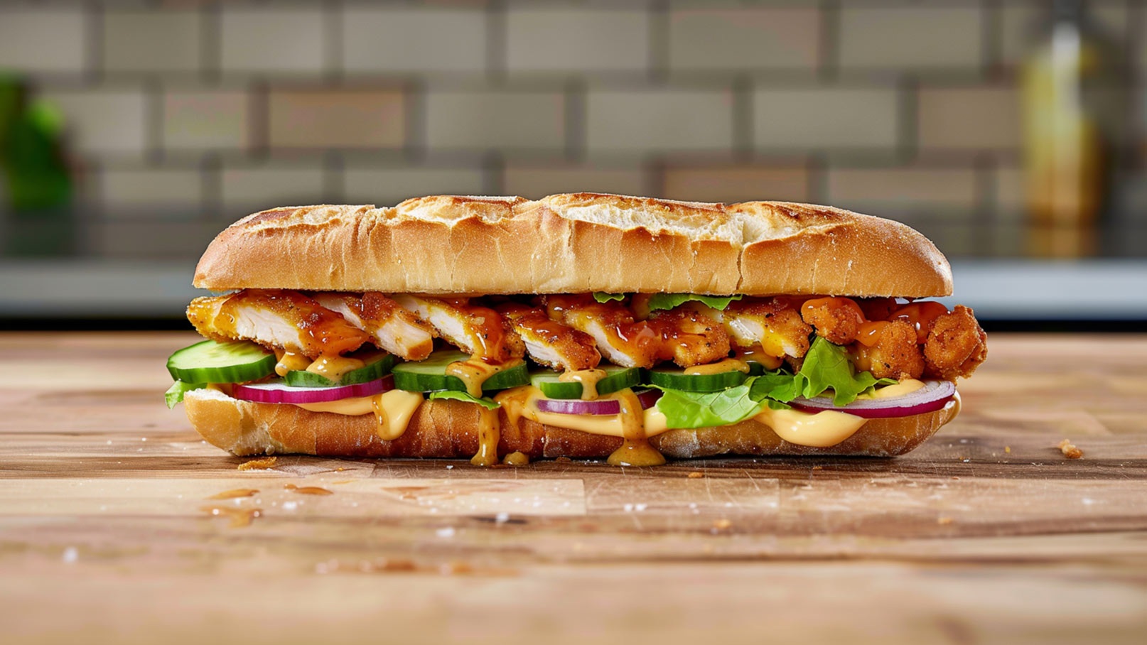 Ein frisch zubereiteter Sandwich auf einem Holzbrett. Er besteht aus einem weichen Brötchen, gefüllt mit gebratenem Hähnchen, Salat, Gurken, Zwiebeln und einer cremigen Sauce, die teilweise aus dem Brötchen heraustropft.