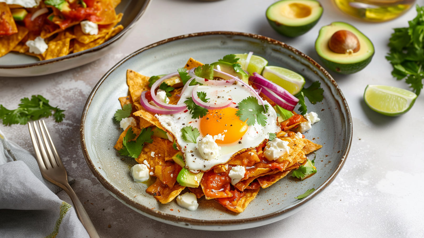 Ein Teller mit Nachos, belegt mit Tomatensauce, einem Spiegelei, frischem Koriander, roten Zwiebeln und kleinen Gurkenstücken. Neben dem Teller liegen Avocadohälften und Limettenscheiben.