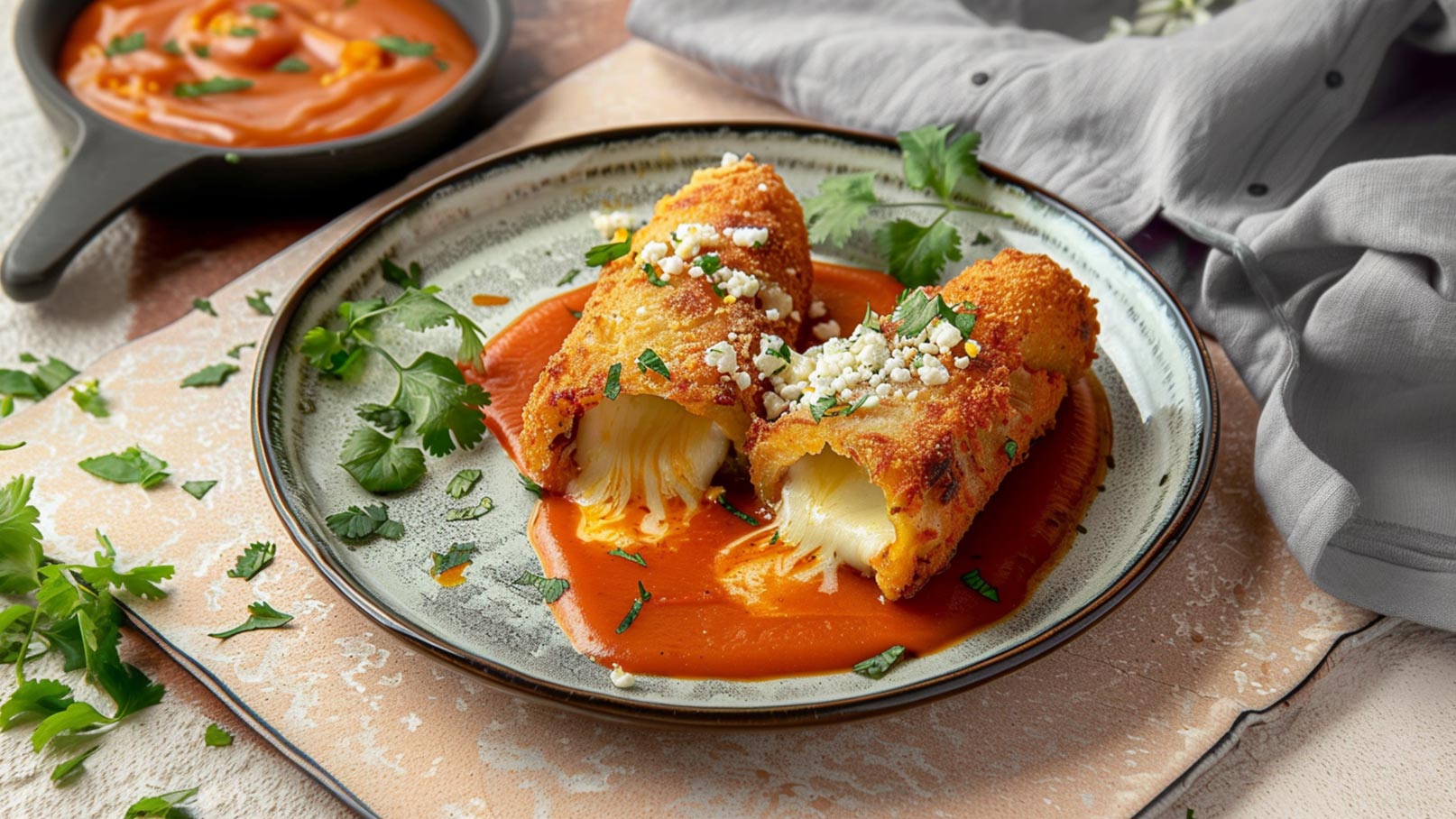 Auf dem Bild sind zwei knusprig gebratene Röllchen mit geschmolzenem Käse zu sehen, die auf einer leuchtend roten Sauce liegen. Das Gericht ist mit frischem Koriander und zerbröckeltem Käse garniert und wird auf einem dekorativen Teller präsentiert.