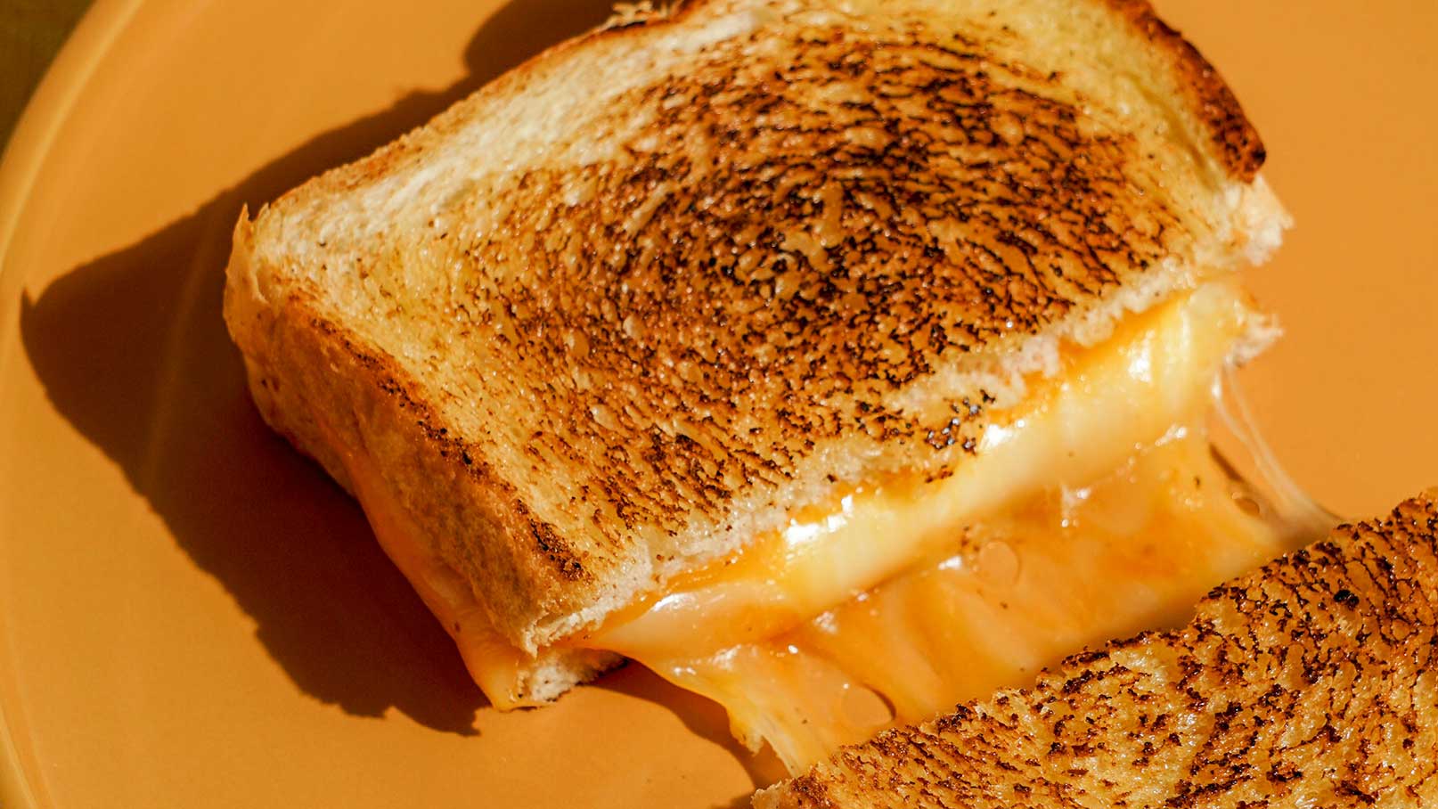 Ein gegrillter Käse-Sandwich auf einem orangefarbenen Teller. Das Brot ist goldbraun und hat eine knusprige Textur. Schmelzender Käse fließt aus der Seite des Sandwichs, was auf seinen köstlichen Inhalt hinweist.