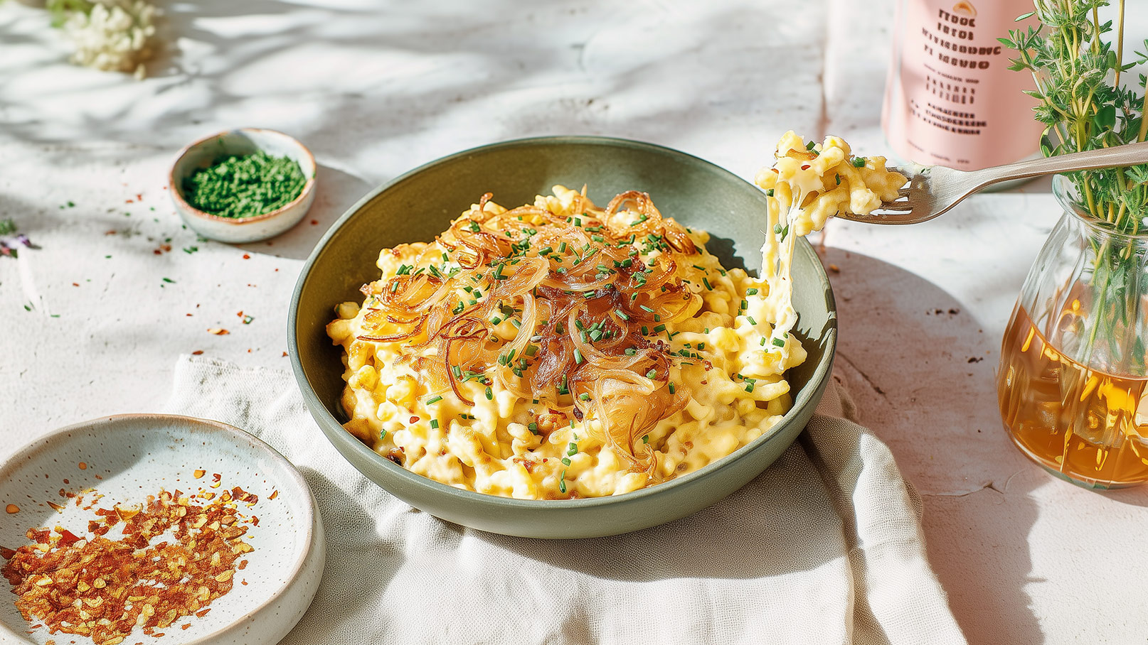 Ein Teller cremiger Pasta mit gebratenen Zwiebeln und frischen Schnittlauchstückchen. Eine Gabel hebt eine Portion der Pasta auf, während im Hintergrund eine kleine Schale mit grünen Kräutern steht. Die Szene wirkt hell und einladend.
