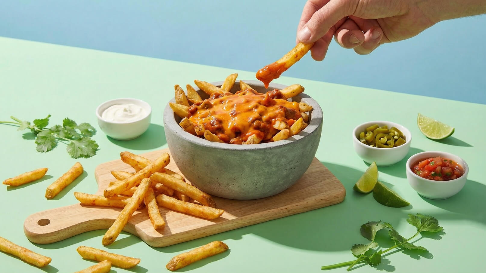 Eine Hand dippt eine Pommes in eine Schüssel mit Käse überzogenem, fleischhaltigem Gericht, das auf einer Holzplatte steht. Daneben liegen weitere Pommes sowie kleine Schalen mit Dips und frischen Zutaten auf einem grünen Untergrund.