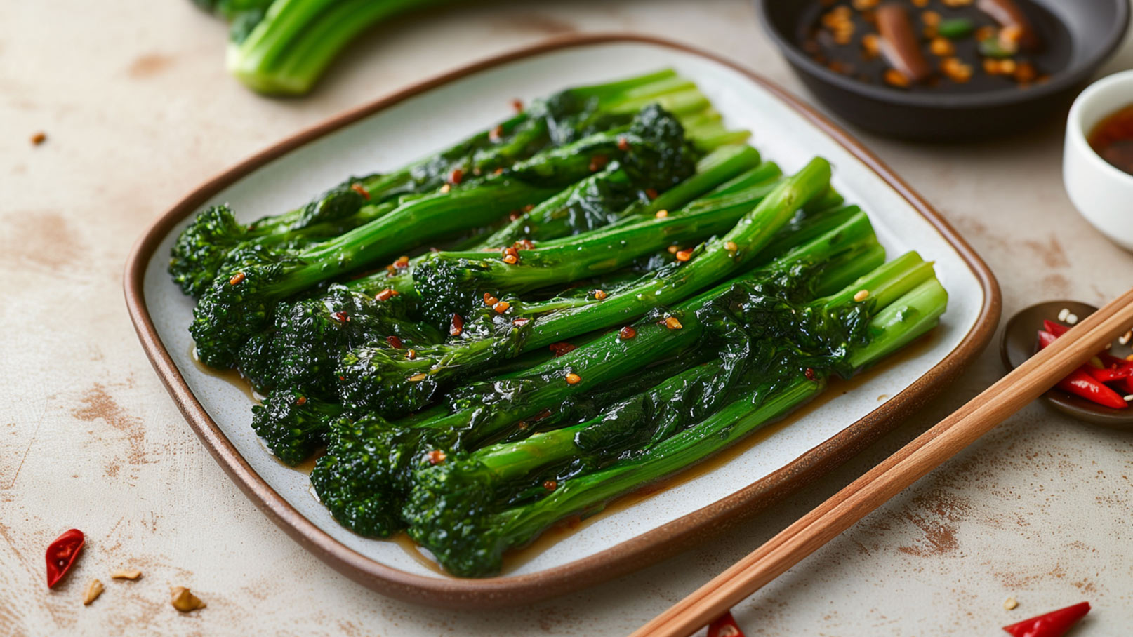 Auf einem flachen Teller liegen grünes, gedünstetes Gemüse, vermutlich Brokkoli oder chinesisches Gemüse, in einer glänzenden Sauce. Das Gemüse ist mit roten Gewürzen bestreut. Neben dem Teller befinden sich Essstäbchen.