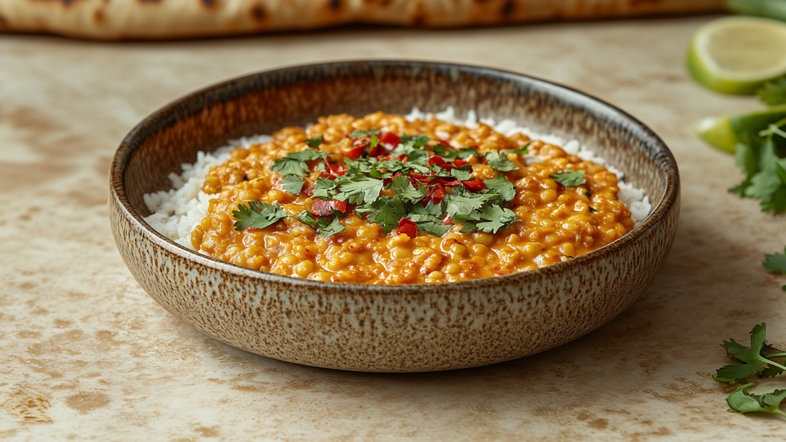 Ein tiefes, braunes Schüsselchen enthält einen Linseneintopf mit einer orangefarbenen Sauce, garniert mit frischem Koriander und roten Chili-Flocken. Darunter liegt eine Schicht weißer Reis. Im Hintergrund sind einige Limettenscheiben und Korianderblätter sichtbar.