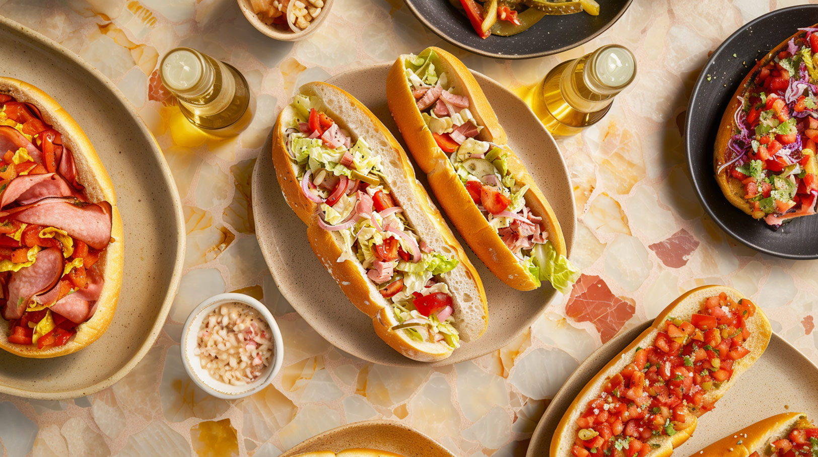 Auf dem Bild sind mehrere belegte Brötchen zu sehen. Zwei Brötchen sind mit Salat, Tomaten und Schinken gefüllt, während ein weiteres Brötchen mit einer bunten Mischung aus Gemüse belegt ist. Im Hintergrund stehen verschiedene kleine Schälchen und Flaschen.