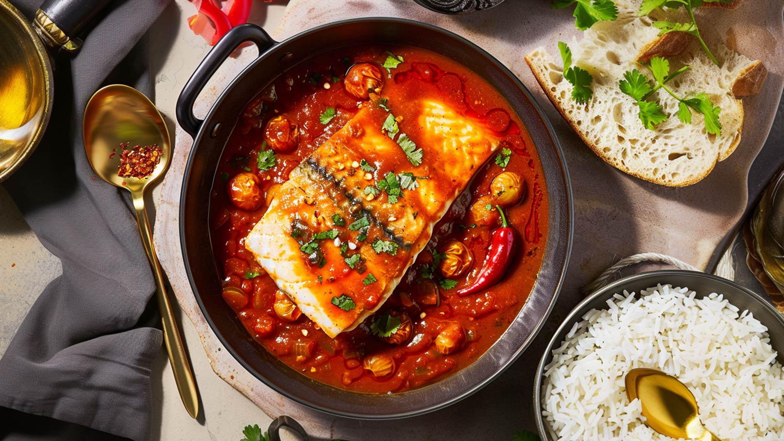 Ein Teller mit einem saftigen Stück Fisch, garniert mit Koriander, liegt in einer roten Sauce mit Gemüse und Gewürzen. Daneben befinden sich eine Schüssel Reis und ein Stück Brot. Die gesamte Präsentation strahlt ein einladendes und herzhaftes Gericht aus.
