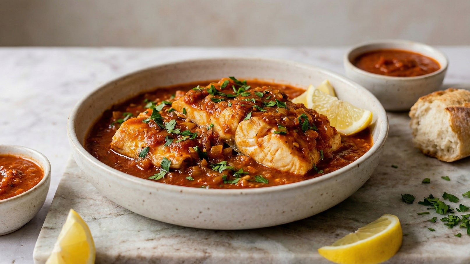Eine Schüssel mit Fischfilet in einer dicken Tomatensauce, garniert mit frischem Koriander und Zitronenscheiben. Nebenan steht eine kleine Schale mit zusätzlicher Sauce und ein Stück Brot. Der Hintergrund ist beige und die Oberfläche marmoriert.