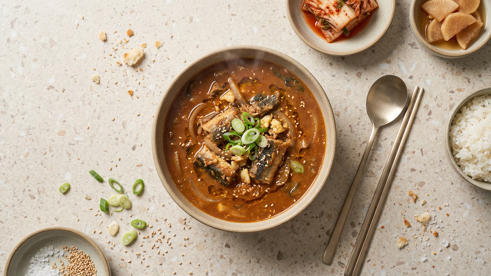 Eine Schüssel mit dampfender Suppe, garniert mit Frühlingszwiebeln und Sesam. Daneben befinden sich kleine Schalen mit Kimchi, eingelegtem Gemüse und Reis, sowie Essbesteck auf einer hellen Tischoberfläche.