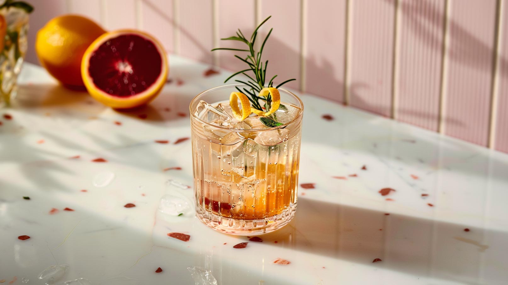 Ein Glas mit einem erfrischenden Getränk, gefüllt mit Eiswürfeln, dekoriert mit Zitronenscheiben und einem Rosmarinzweig. Im Hintergrund liegt eine halbe Blutorange und eine ganze Zitrone auf einem weißen Tisch.