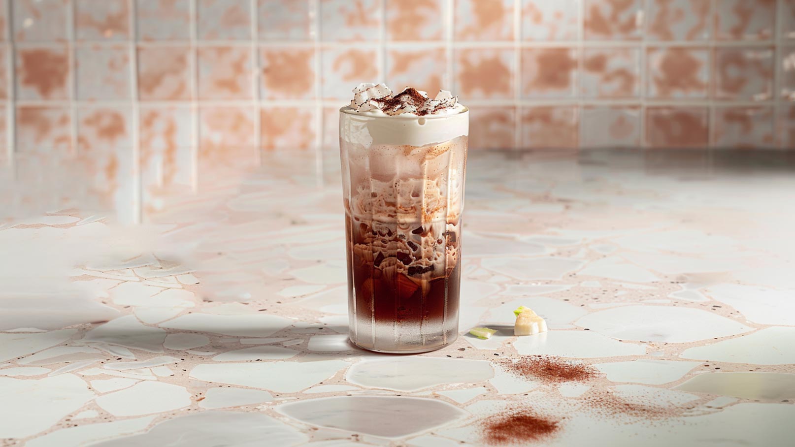 Ein großes Glas mit einem schokoladigen Getränk, das mit Sahne bedeckt ist. Auf der Oberfläche sind Kakaopulver und Eiswürfel sichtbar. Der Hintergrund zeigt eine helle, gefliesten Oberfläche, die ein einladendes Ambiente schafft.