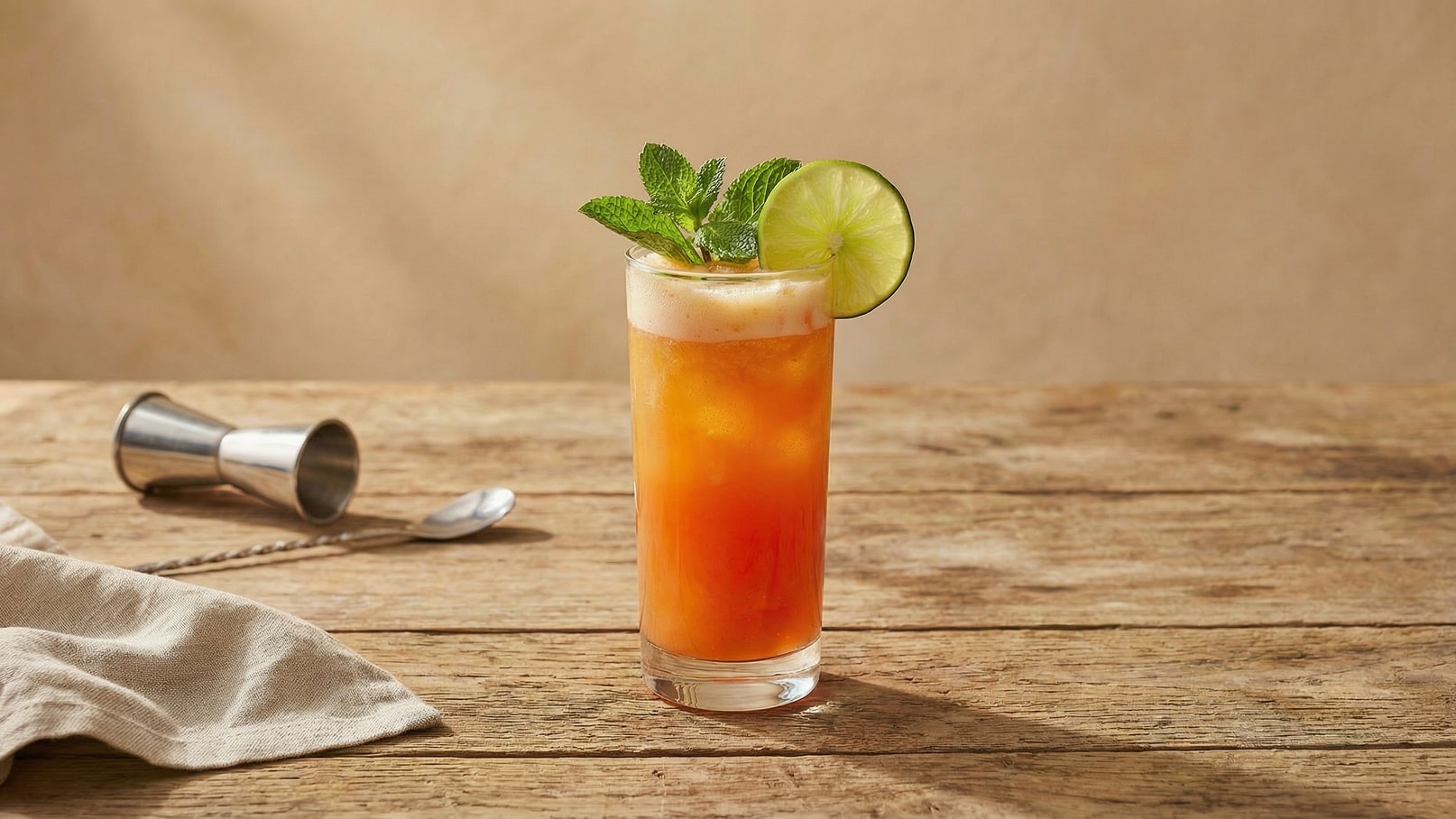 Ein hoher Glasbecher mit einem bunten Cocktail, gekrönt mit einem Limettenscheibe und frischen Minzblättern. Der Drink enthält Eis und hat eine schaumige Oberfläche. Im Hintergrund sind Holzoberflächen und einige Cocktail-Utensilien zu sehen.