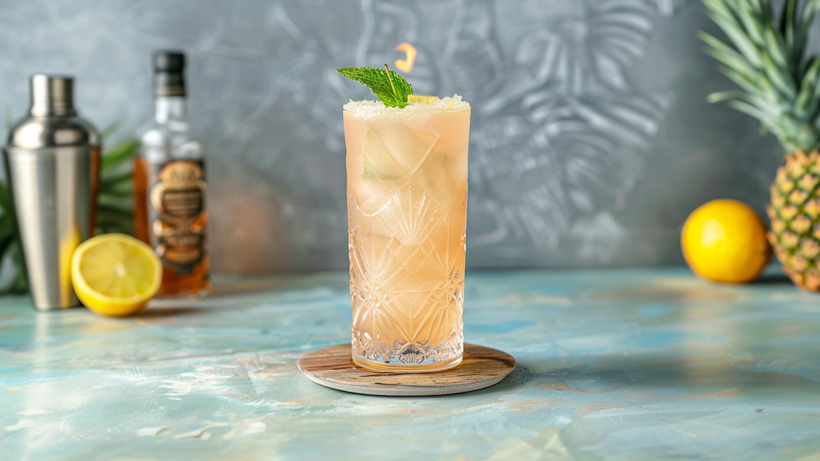 Ein erfrischender Cocktail in einem dekorativen Glas, gefüllt mit Eiswürfeln und einer hellen Flüssigkeit. Der Drink ist mit einem Minzblatt und einer Zitrusdekoration obendrauf garniert. Im Hintergrund sind eine Ananas und eine Zitrone sichtbar.