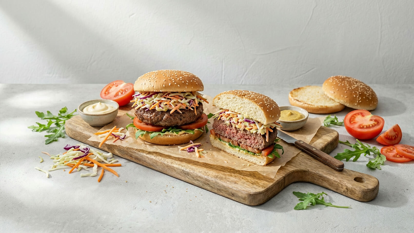 Ein Holzbrett zeigt zwei Hamburger mit Sesambrötchen. Der größere Burger ist mit Rinderpatty, Salat, Tomaten und buntem Kraut belegt. Neben den Burgern liegen frische Tomatenscheiben, Rucola und kleine Schalen mit Saucen. Im Hintergrund sind weitere Brötchen sichtbar.