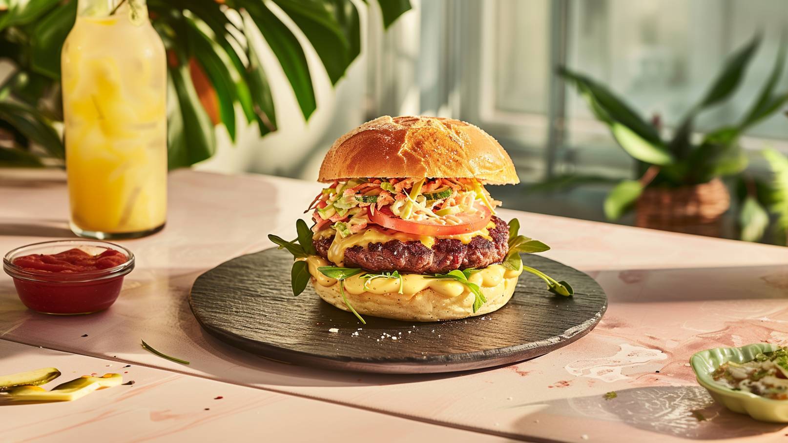 Ein saftiger Burger mit einem gegrillten Patty, frischem Rotkohl und einer würzigen Sauce, garniert mit Sesam und Kräutern auf einem Teller. Im Hintergrund liegen knusprige Pommes.