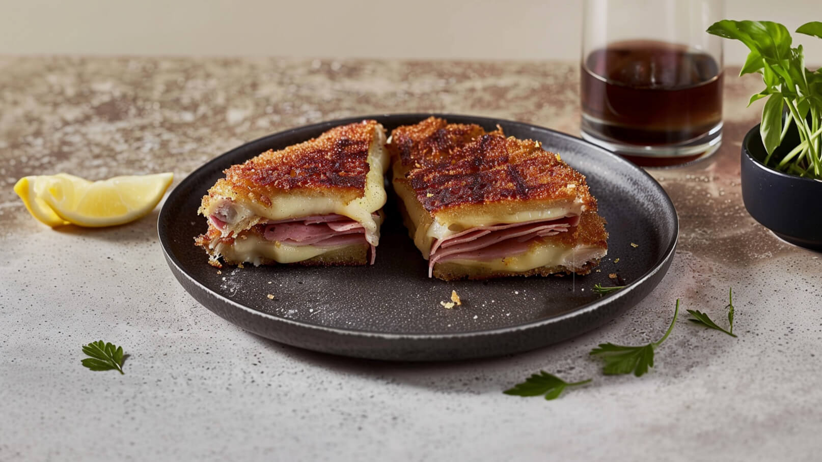 Auf einem schwarzen Teller liegen zwei aufgeschnittene, goldbraun gebratene Sandwiches. Sie enthalten geschmolzenen Käse und Schinken. Neben dem Teller befindet sich eine Zitronenscheibe, und im Hintergrund ist ein Glas mit einem dunklen Getränk sichtbar.