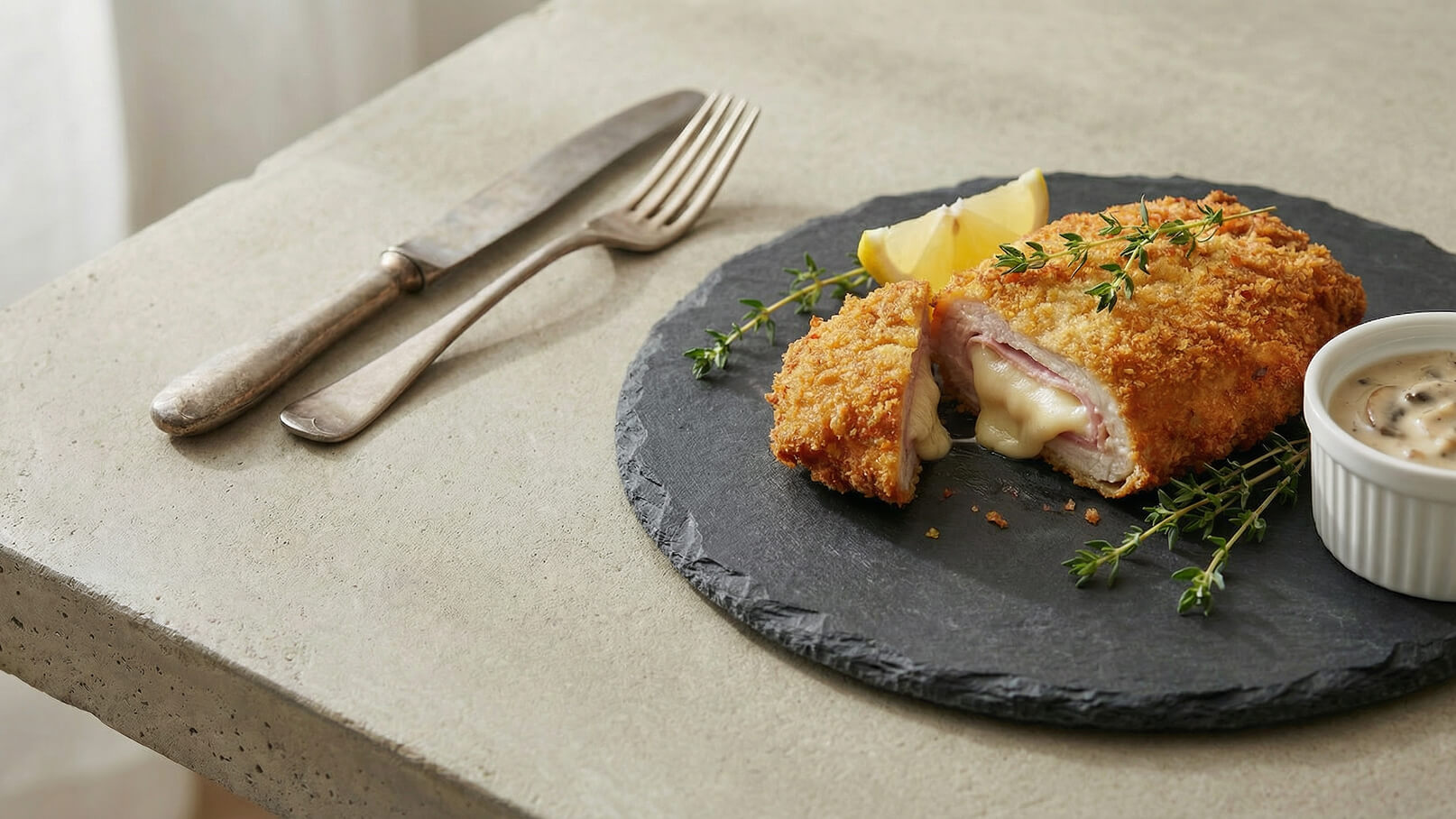 Ein angerichteter Teller mit einem panierten Hähnchenstück, das in der Mitte aufgeschnitten ist, um geschmolzenen Käse und Schinken sichtbar zu machen. Daneben liegt ein Stück Zitrone und frische Thymianzweige. Dazu befindet sich eine kleine Schüssel mit einer cremigen Sauce.