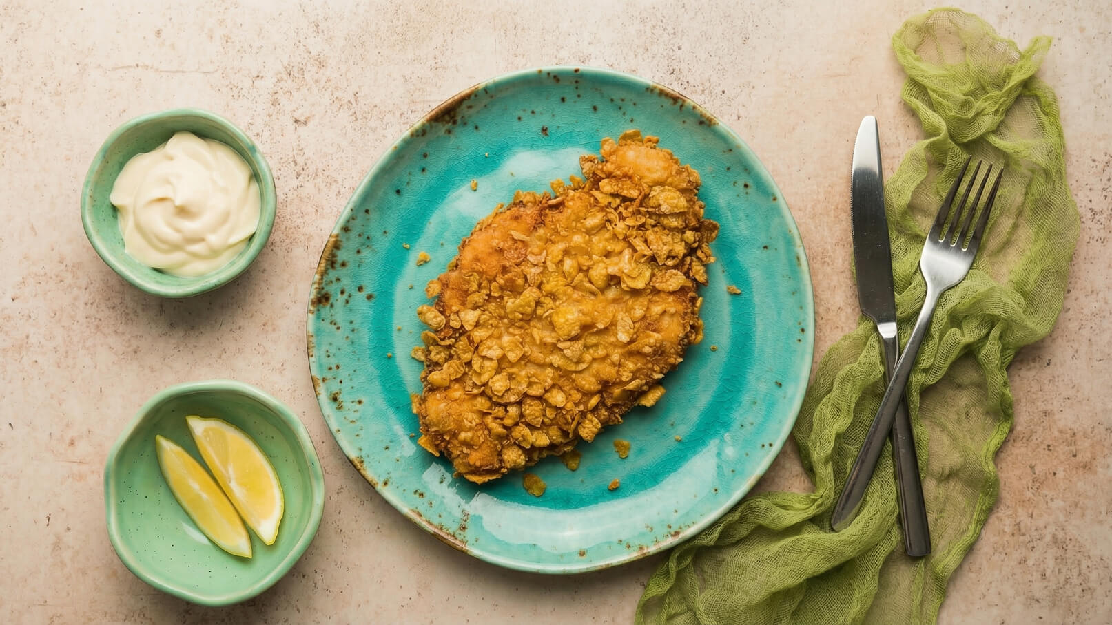 Ein rundes, türkisfarbenes Teller zeigt ein knusprig paniertes Hähnchenfilet, das mit Müsliflocken überzogen ist. Daneben befinden sich kleine Schalen mit Mayonnaise und zwei Zitronenscheiben. Eine Gabel und ein Messer liegen auf einem schlichten, grünen Stoff.