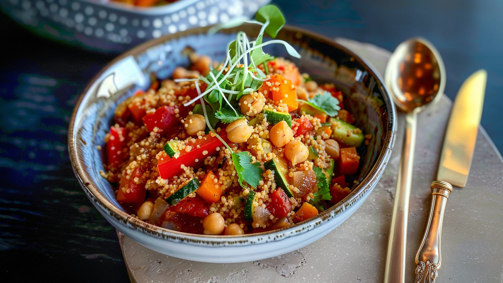 Eine Schüssel mit buntem Couscous-Salat, der aus Kichererbsen, Paprika, Zucchini und anderen Gemüsesorten besteht. Der Salat ist mit frischem Koriander und Sprossen garniert und wird auf einem eleganten Untergrund präsentiert, neben einem goldenen Löffel und Messer.