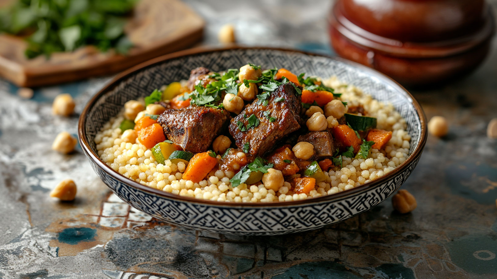Schüssel mit einem bunten Gericht aus Couscous, zarten Fleischstücken, Kichererbsen und Gemüse, garniert mit frischem Koriander. Die Zutaten sind ansprechend angeordnet, und die Schüssel hat ein dekoratives Design.