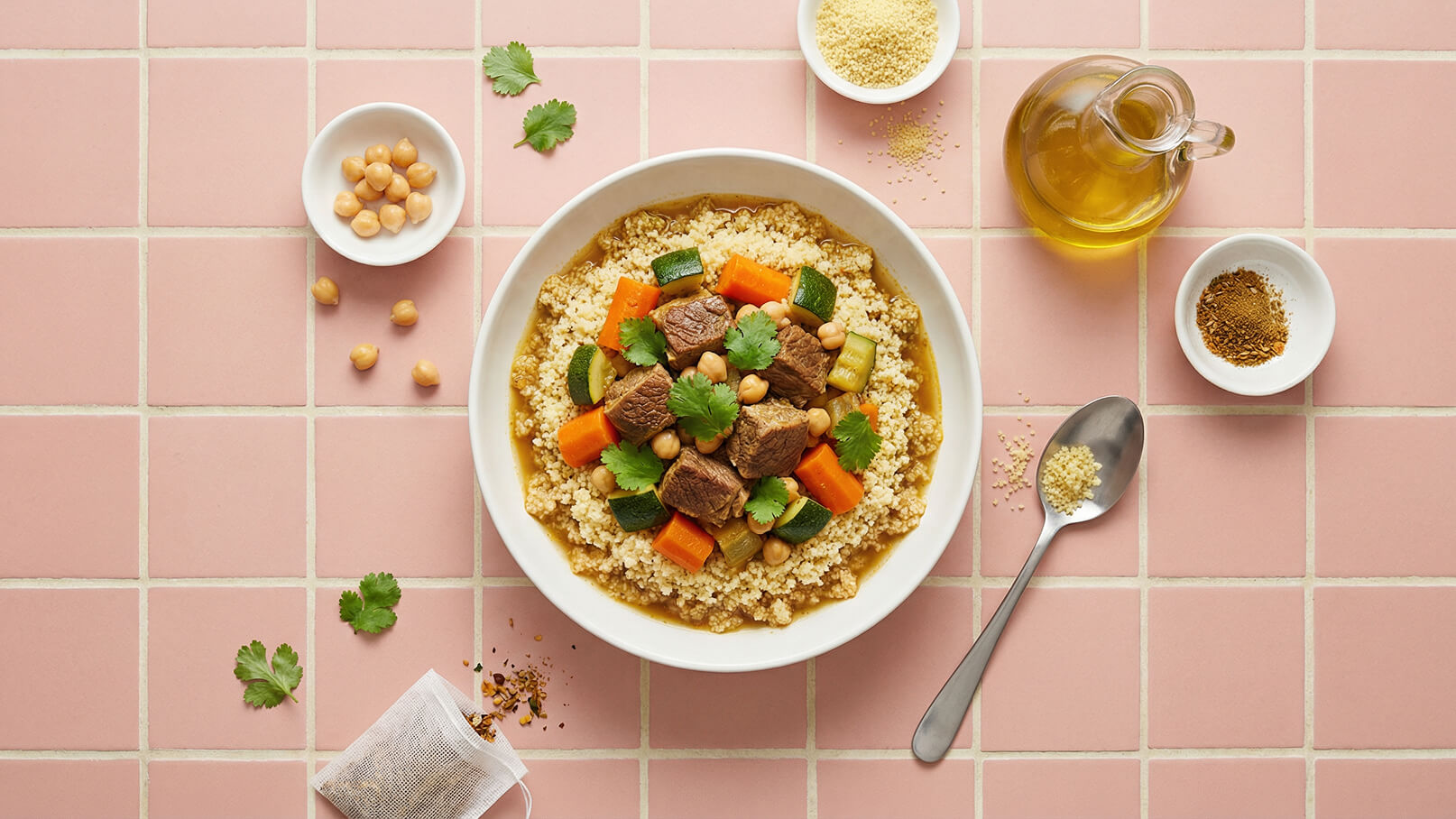 Ein großer Teller mit Couscous, bedeckt mit Stückchen von Fleisch, Karotten, Zucchini und Kichererbsen. Frische Korianderblätter dekorieren das Gericht. Neben dem Teller befinden sich einige Gewürze und Öl auf einer rosa Fliesenoberfläche.