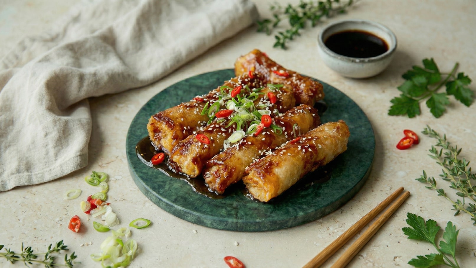 Ein grüner Teller mit knusprigen Frühlingsrollen, garniert mit Sesam, geschnittenem Frühlingszwiebel und roten Chili-Streifen. Daneben befindet sich eine kleine Schale mit dunkler Sauce sowie einige frische Kräuter und geschnittene Chili. Holzstäbchen liegen am Teller.