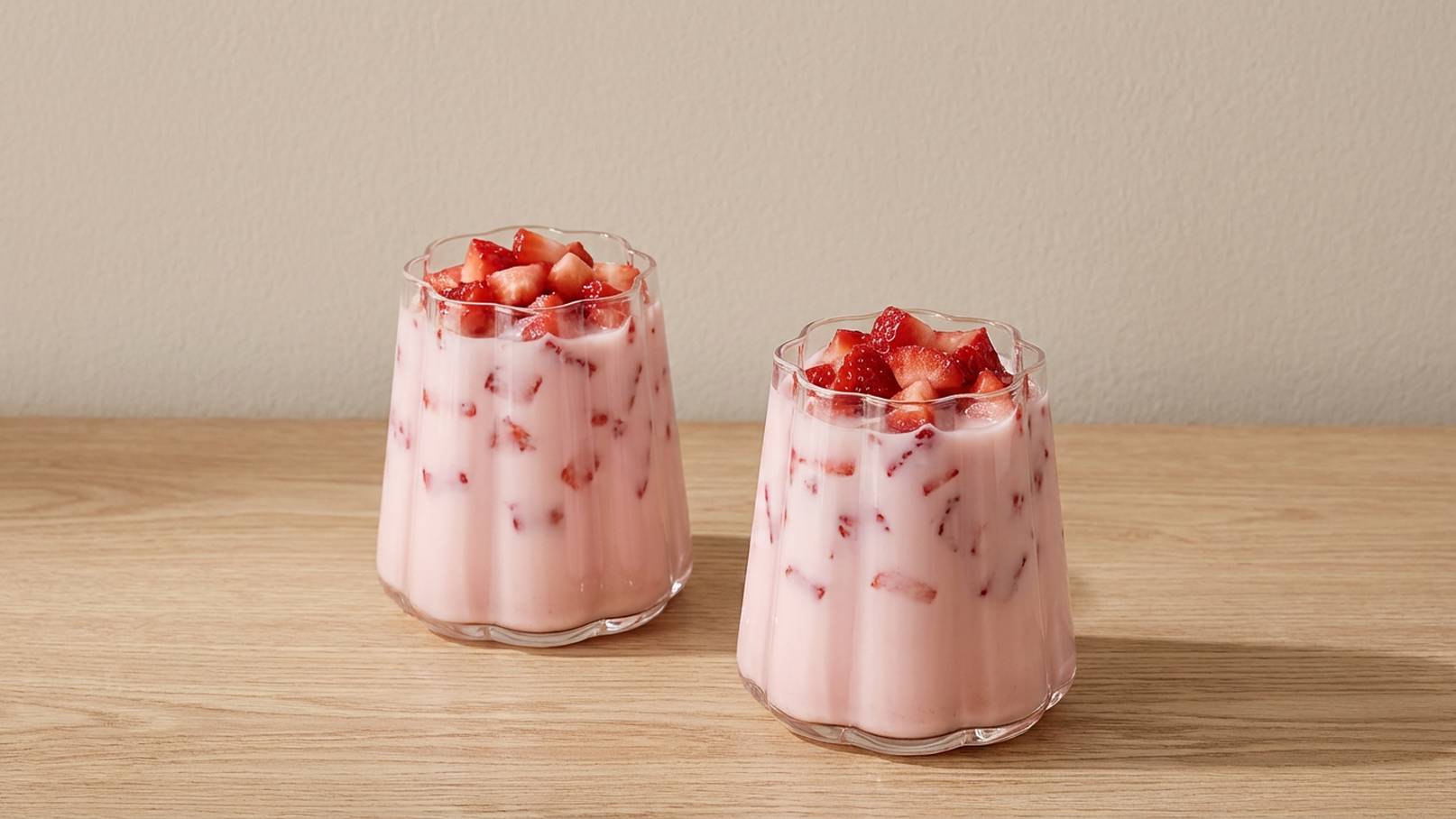 Zwei Gläser mit einer rosa-cremigen Flüssigkeit, garniert mit frischen, gehackten Erdbeeren, stehen auf einer Holzoberfläche. Die Gläser haben eine gewellte Form und zeigen Stücke der Erdbeeren im Inneren des Getränks.