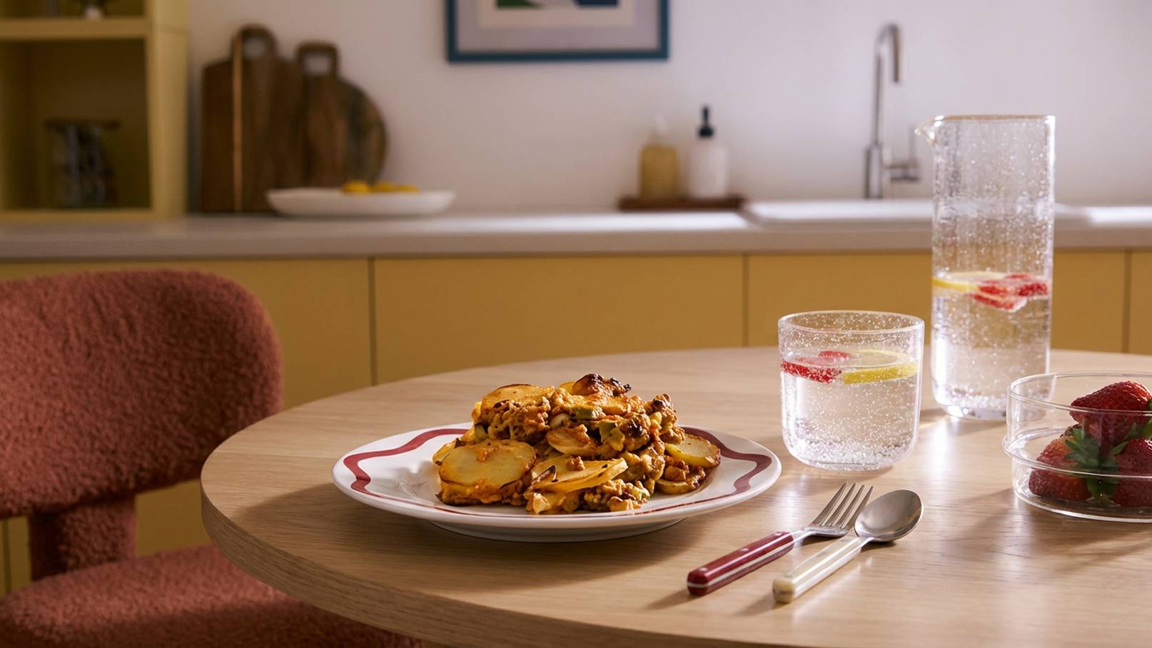 Auf einem runden Tisch liegt ein Teller mit einer herzhaften Speise aus Kartoffeln und Gemüse. Neben dem Teller stehen zwei Gläser mit Wasser, das mit Zitronen- und Erdbeerstücken garniert ist. Im Hintergrund ist eine moderne Küche sichtbar.