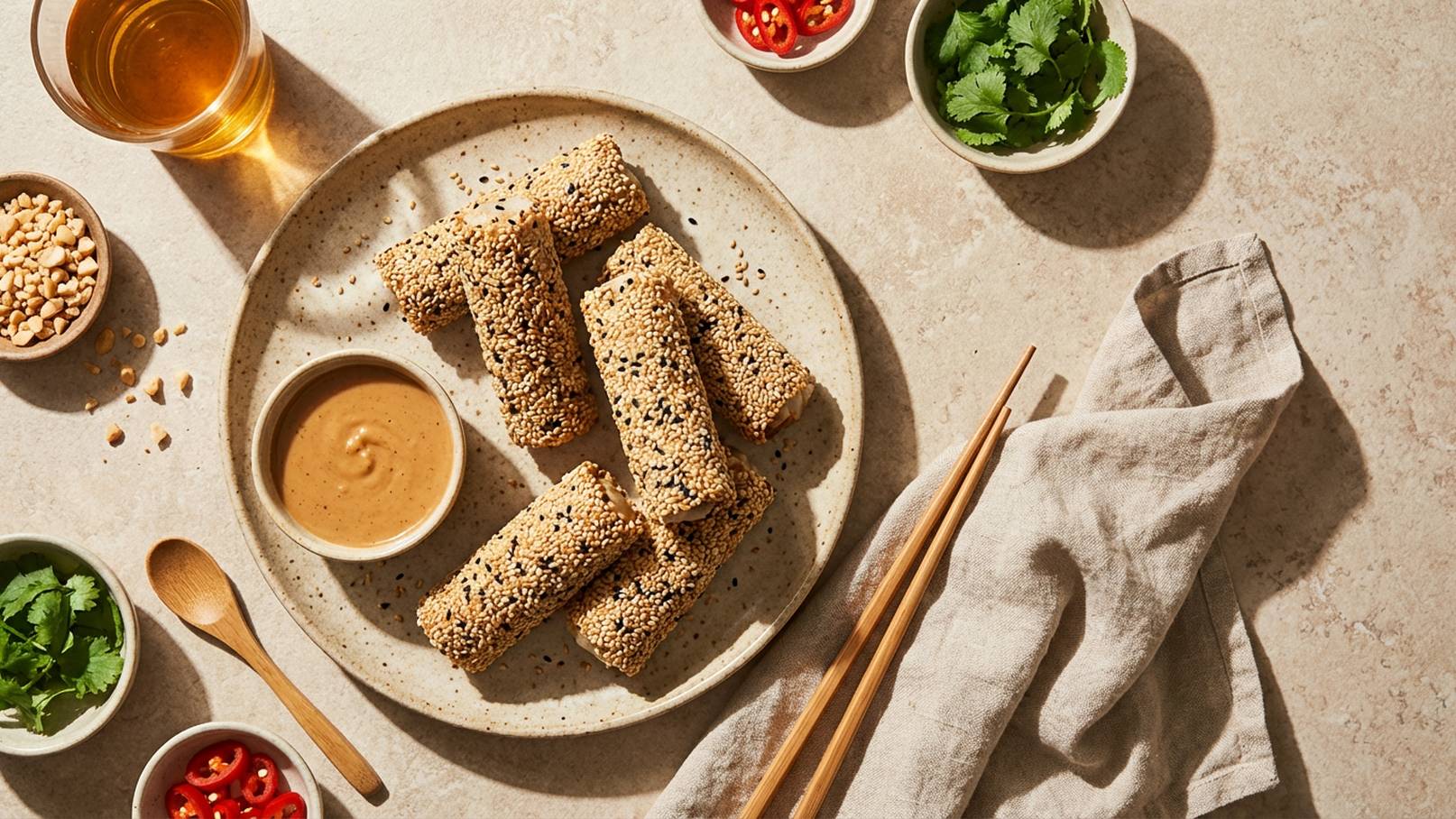 Ein Teller mit panierten, knusprigen Snacks liegt in der Mitte. Daneben sind kleine Schalen mit Erdnusssauce, gehackten Koriander, roten Chilischoten und gehackten Erdnüssen. Ein Glas Getränk und Essstäbchen sind ebenfalls sichtbar.