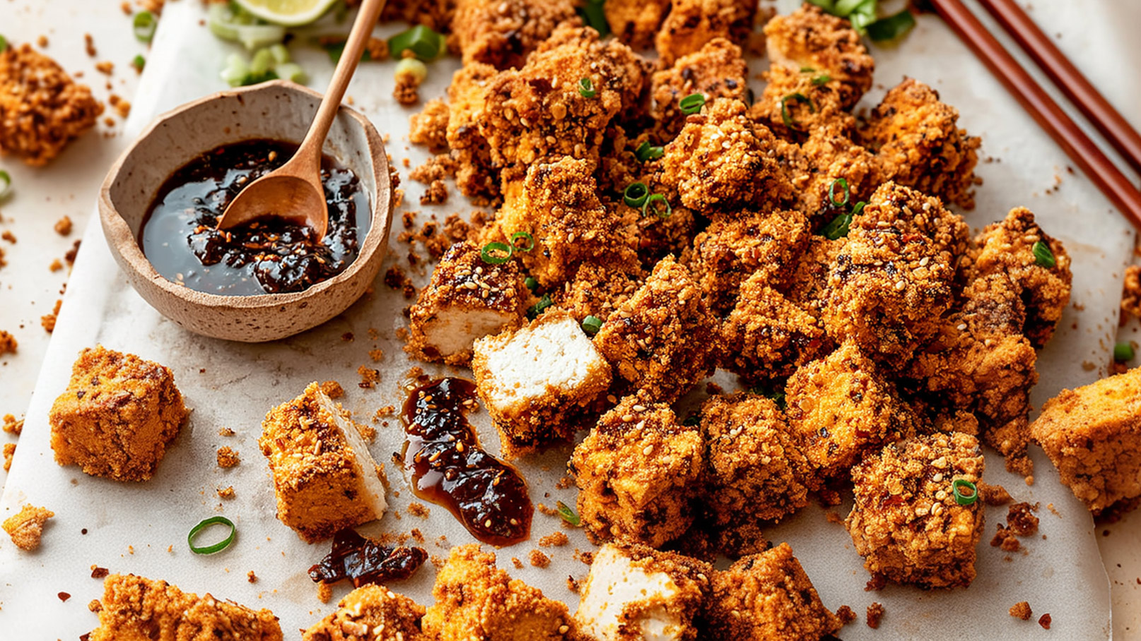 Auf einem Tisch sind viele knusprige, goldbraune Tofustücke verstreut. Neben den Tofuwürfeln befindet sich eine kleine Schüssel mit einer dunklen Sauce und einem Löffel. Einige Frühlingszwiebeln und Limettenstücke sind ebenfalls zu sehen.