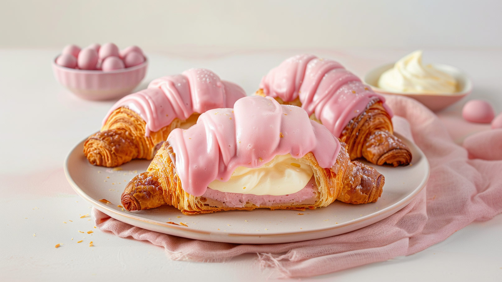 Auf dem Bild sind drei luftige Croissants mit einer glatten, rosa Glasur zu sehen. Eines der Croissants ist halbiert, was die füllige, cremige Innenmasse zeigt. Im Hintergrund befindet sich eine Schale mit rosa Eiern und eine weitere Schale mit Sahne.