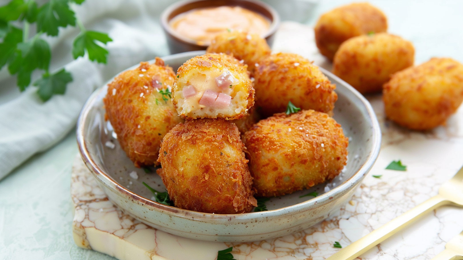 Ein Teller mit knusprig gebratenen Kroketten, einige sind halbiert und zeigen eine Füllung aus Käse und Schinken. Frischer Koriander macht das Gericht ansprechend. Daneben steht eine kleine Schale mit einer Sauce.