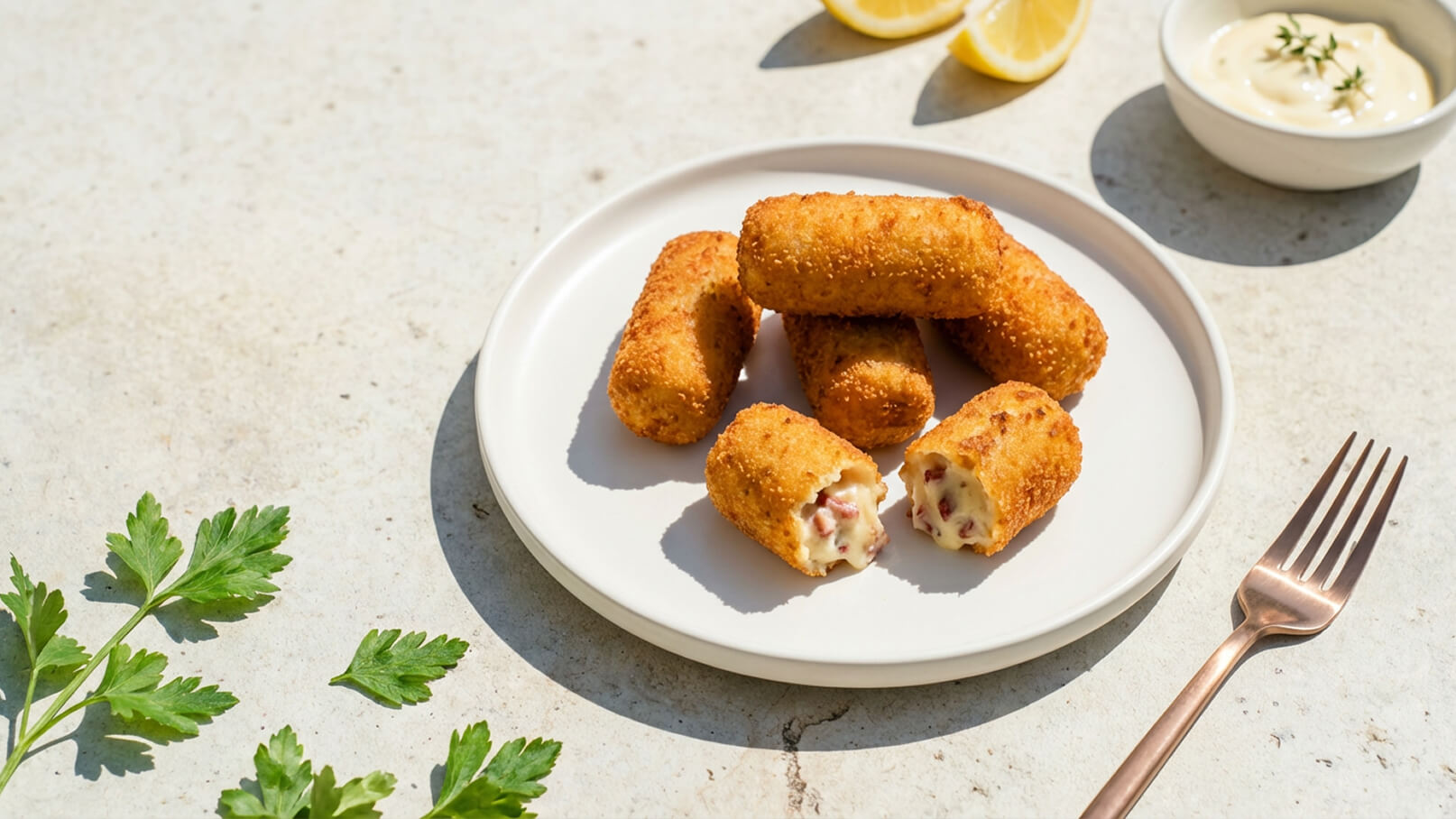 Ein Teller mit mehreren goldbraun gebratenen Kroketten, die außen knusprig und innen gefüllt sind. Einige Kroketten sind halbiert, sodass die Füllung sichtbar ist. Im Hintergrund sind ein paar Zitronenscheiben und eine kleine Schale mit Sauce zu sehen.