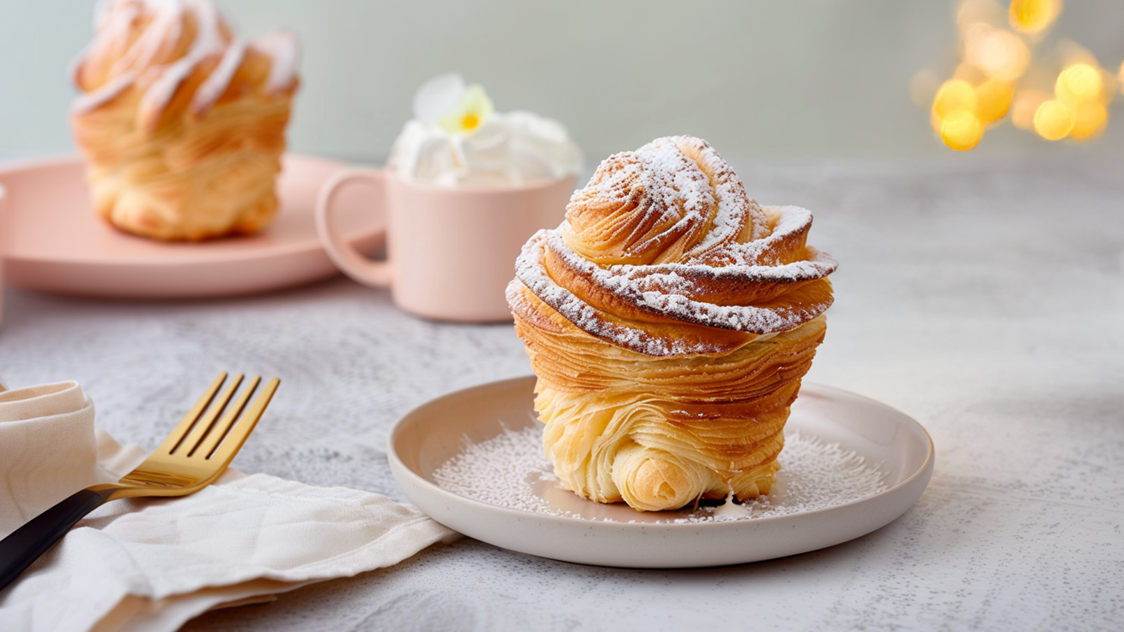 Ein kunstvoll gefalteter Blätterteigkuchen, der auf einem hellen Teller platziert ist, ist mit Puderzucker bestäubt. Im Hintergrund befindet sich eine Tasse mit Sahne. Eine goldene Gabel und eine Serviette liegen daneben.