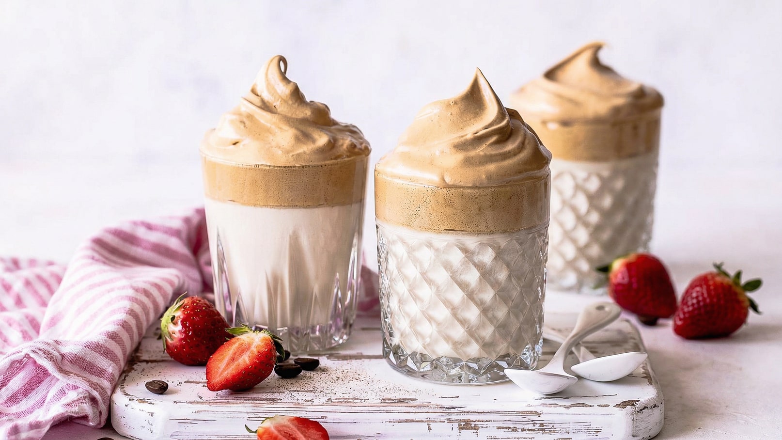 Drei Gläser mit aufgeschäumtem Kaffee sind auf einem weißen Brett platziert. Die Gläser sind unterschiedlich gestaltet und enthalten verschiedene Schichten. Frische Erdbeeren liegen daneben und ein gestreifter Küchenhandtuch ist im Hintergrund zu sehen.