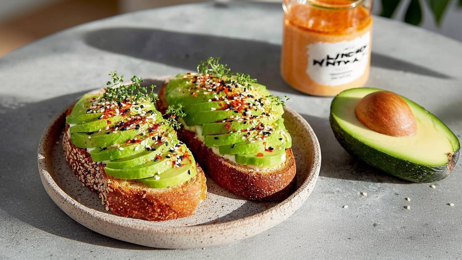 Auf einem runden Teller liegen zwei Scheiben Vollkornbrot, belegt mit dünn geschnittenem Avocado und fein gehackten Kräutern. Das Brot ist mit Sesam und Gewürzen bestreut. Daneben steht ein Glas mit Gewürzmischung und eine halbierte Avocado.