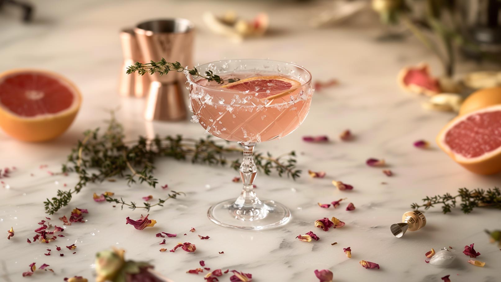 Ein eleganter Cocktail in einem Kristallglas, garniert mit einer Grapefruit-Scheibe und frischem Thymian. Der Tisch ist mit getrockneten Blütenblättern und verschiedenen Grapefruit-Hälften dekoriert, was ein stilvolles Ambiente schafft.