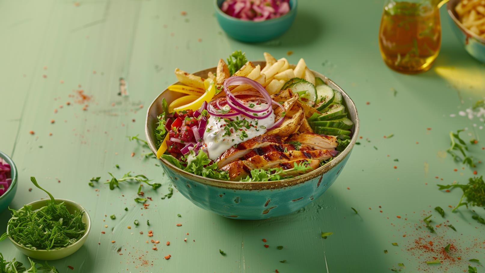 Eine bunte Schüssel mit knackigem Salat, gegrilltem Hähnchen, Pommes, frischem Gemüse wie Gurken und Paprika sowie einer cremigen Soße. Das Gericht ist reichhaltig und ansprechend angerichtet, auf einem hellgrünen Tisch.