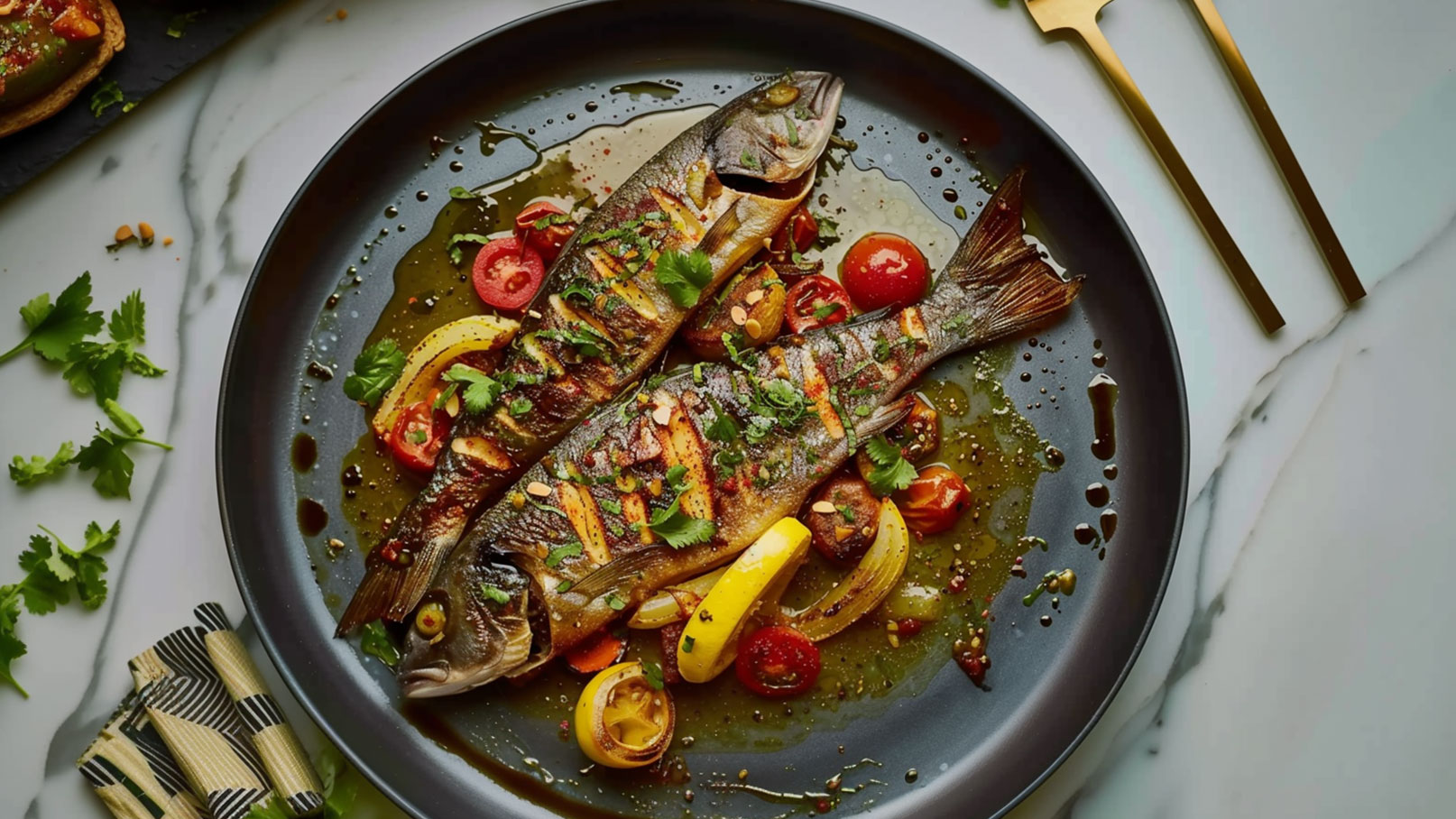 Auf einem schwarzen Teller liegen zwei gebratene Fische mit buntem Gemüse, darunter Kirschtomaten und Zwiebeln, garniert mit frischem Koriander. Das Gericht ist umgeben von grünem Öl und Gewürzen, was ihm ein appetitliches Aussehen verleiht.