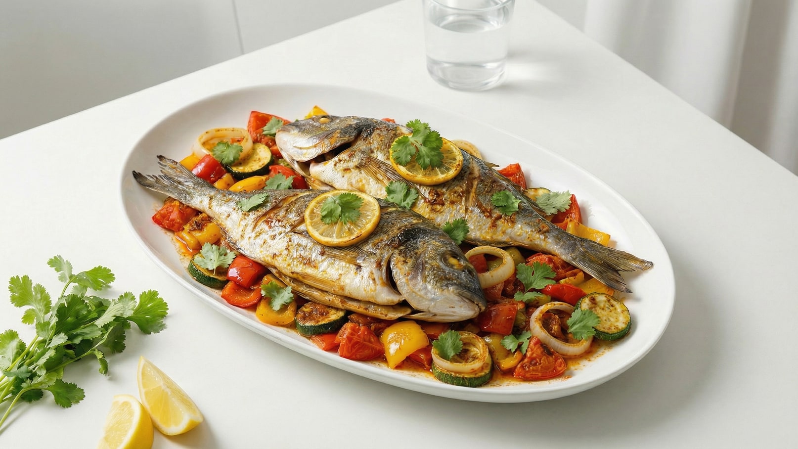 Zwei gegrillte Fische auf einem großen weißen Teller, garniert mit Zitronenscheiben und frischem Koriander, liegen auf einem bunten Gemüsebett. Das Gemüse besteht aus Paprika, Zucchini und Tomaten, die ansprechend angerichtet sind. Daneben liegt eine Zitronenscheibe.