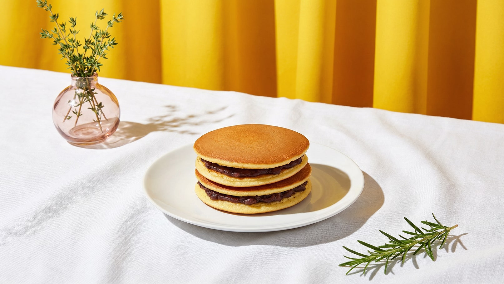 Ein Teller mit drei Stapeln von runden Pfannkuchen, gefüllt mit einer dunklen Paste, steht auf einem weißen Tisch. Daneben eine kleine, runde Vase mit frischen Kräutern und einem einfachen weißen Tischtuch. Im Hintergrund ist ein gelber Vorhang sichtbar.