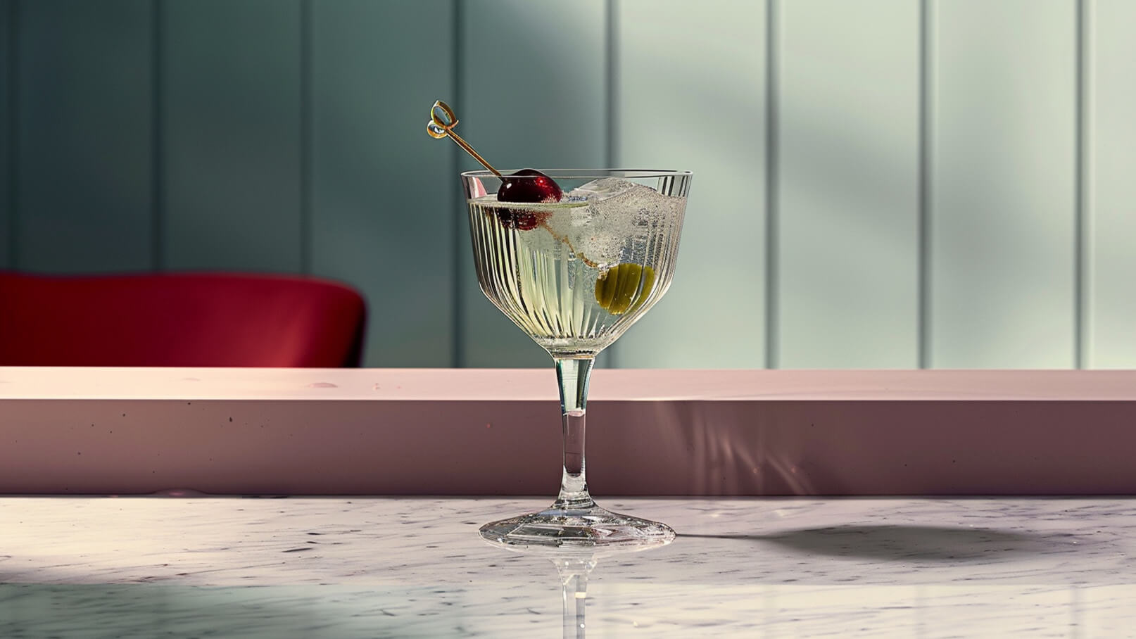 Ein elegantes Cocktailglas steht auf einem Tisch. Es enthält ein Getränk mit Eis und ist mit einer Kirsche und einer Olive dekoriert. Der Hintergrund ist sanft und modern gestaltet.