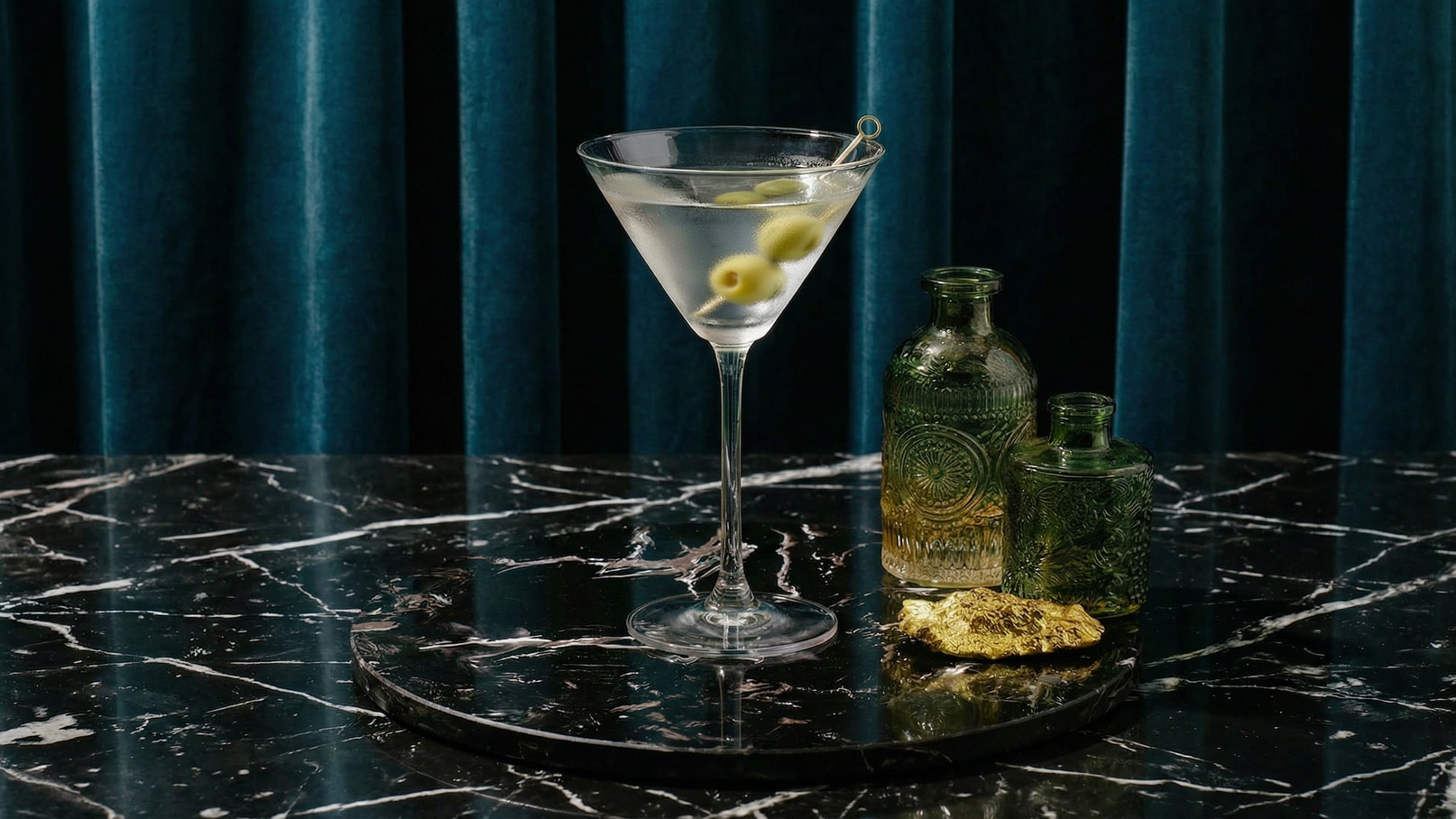 Ein eleganter Martini-Cocktail in einem schmalen Glas, garniert mit mehreren grünen Oliven. Der Cocktail steht auf einem schwarzen Marmortisch, umgeben von zwei grünen Glasflaschen und einem kleinen goldenen Element im Hintergrund. Der Stoff im Hintergrund ist in einem tiefen Blau.