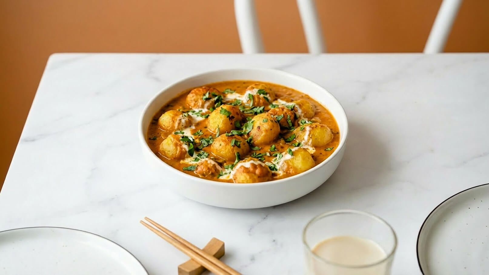 Eine weiße Schüssel mit einer würzigen Sauce, gefüllt mit kleinen Kartoffelklößchen und garniert mit frischen Kräutern. Die Schüssel steht auf einem marmorierten Tisch, daneben befinden sich Essstäbchen und ein Glas.