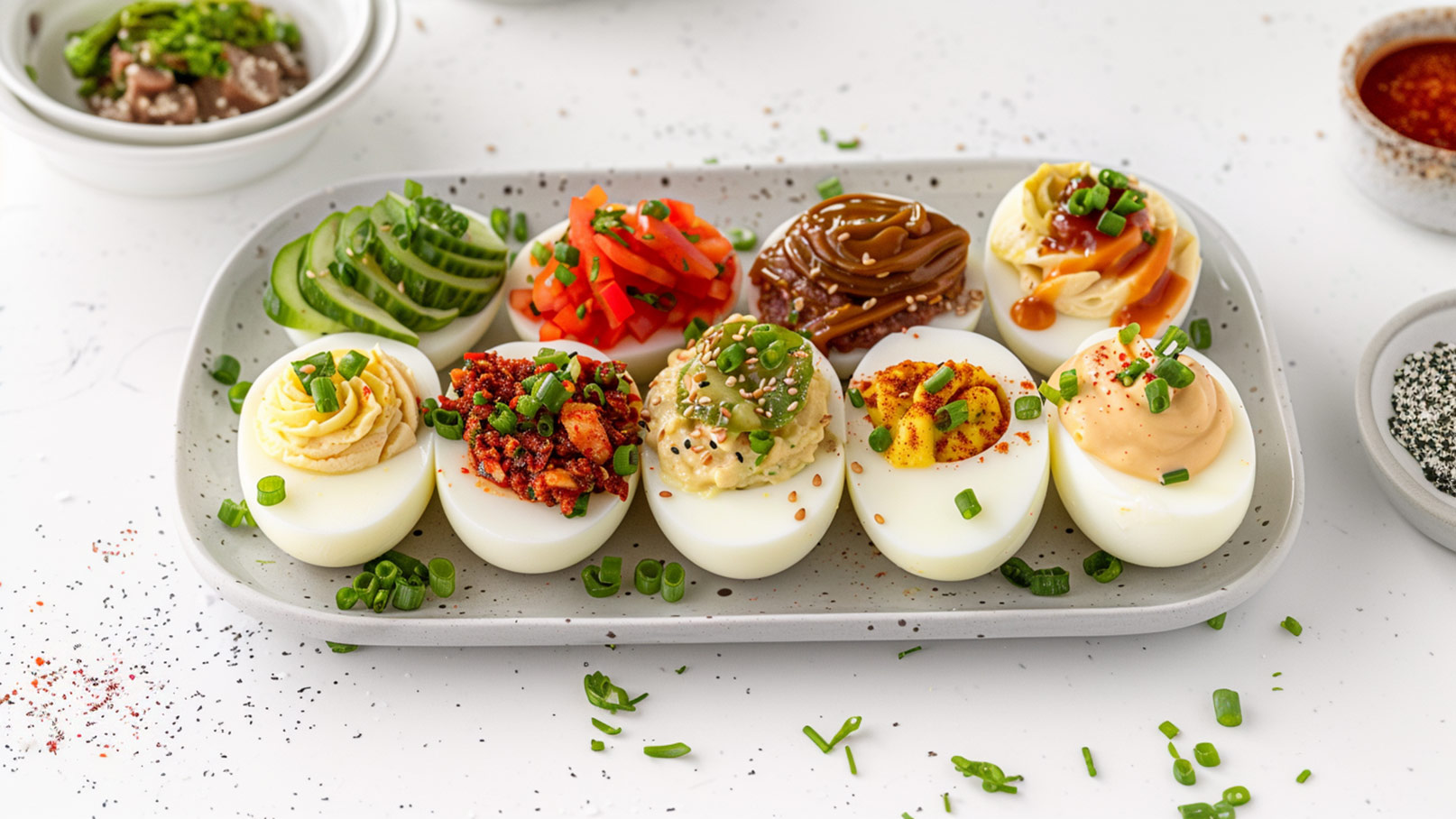 Ein Teller mit sechs halbierten, gefüllten Eiern, verziert mit verschiedenen Toppings wie frischem Schnittlauch, roten und grünen Paprika, einer cremigen Masse und Saucen. Im Hintergrund befinden sich einige Schalen mit weiteren Zutaten.