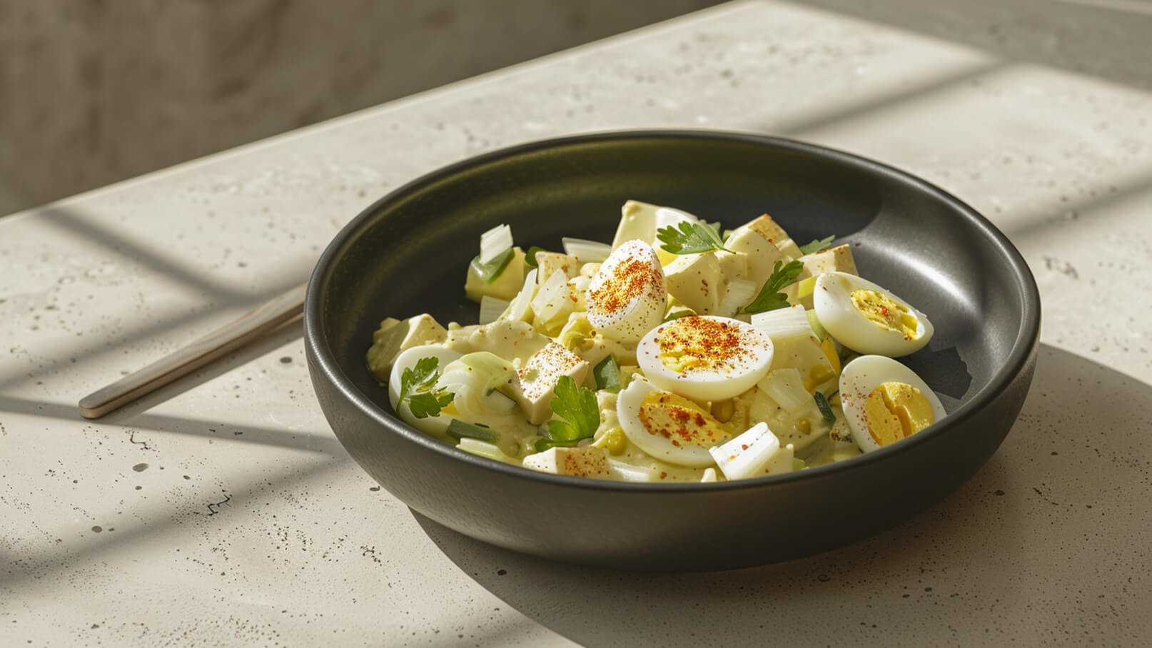 Ein schwarzer Schüssel enthält einen Salat aus geschnittenen Eiern, Tofu und Lauch, garniert mit frischer Petersilie und Paprikapulver. Der Salat wirkt frisch und appetitlich, präsentiert auf einem hellen Tisch.