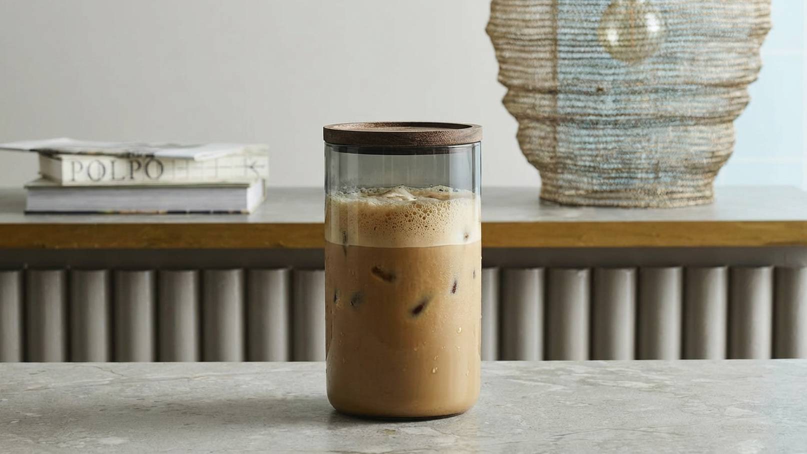 Ein Glas mit kaltem Kaffee, das mit Eis gefüllt ist, steht auf einem Tisch. Das Glas hat einen Holzdeckel. Im Hintergrund sind einige Bücher und eine skulpturale Vase zu sehen, die den modernen und stilvollen Umgebungshinweis geben.