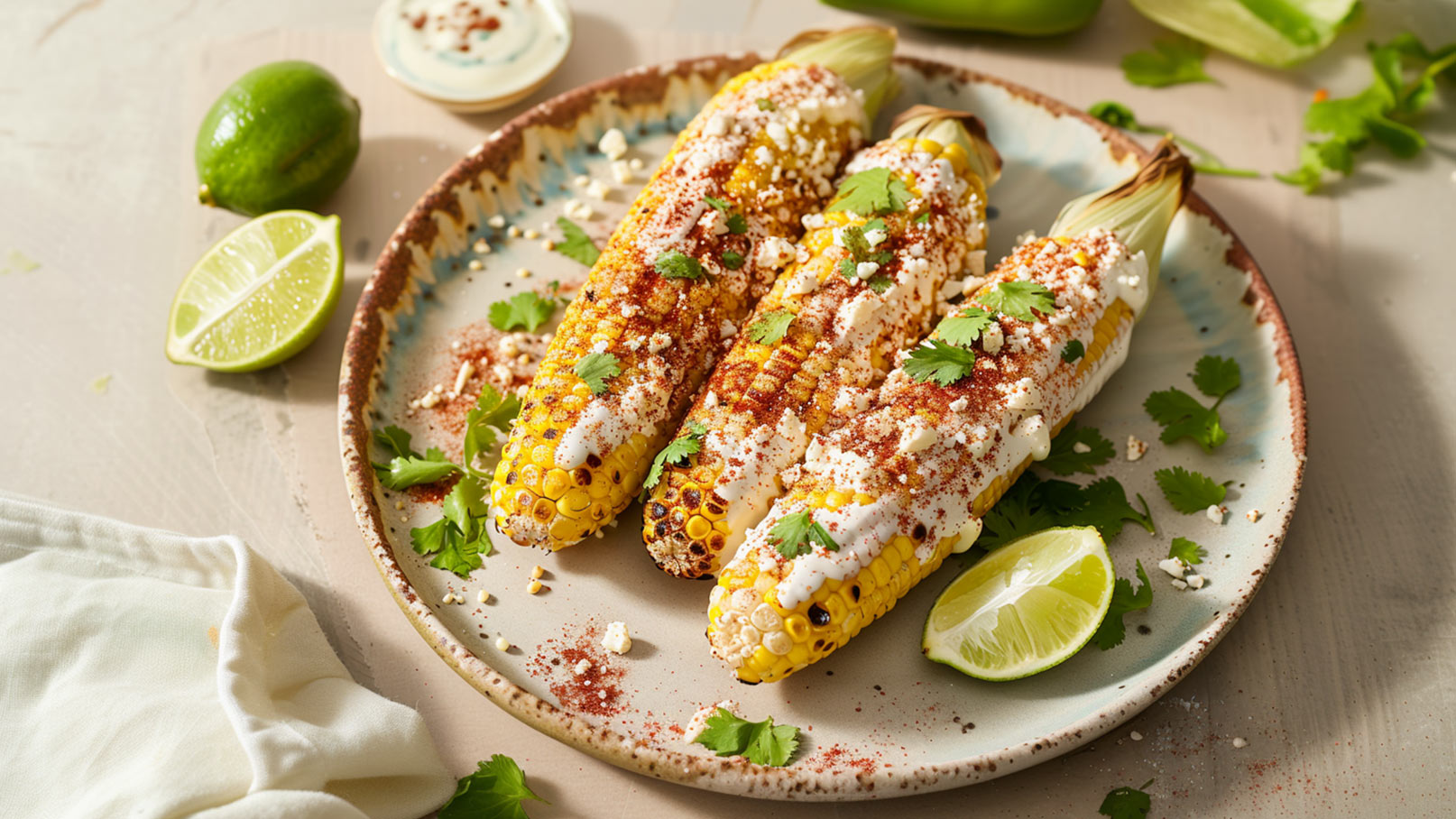 Ein Teller mit drei gegrillten Maiskolben, überzogen mit Sahne, Feta-Käse, Paprika und frischem Koriander. Neben dem Teller liegt eine Limette, die halbiert ist. Der Hintergrund ist hell und neutral.