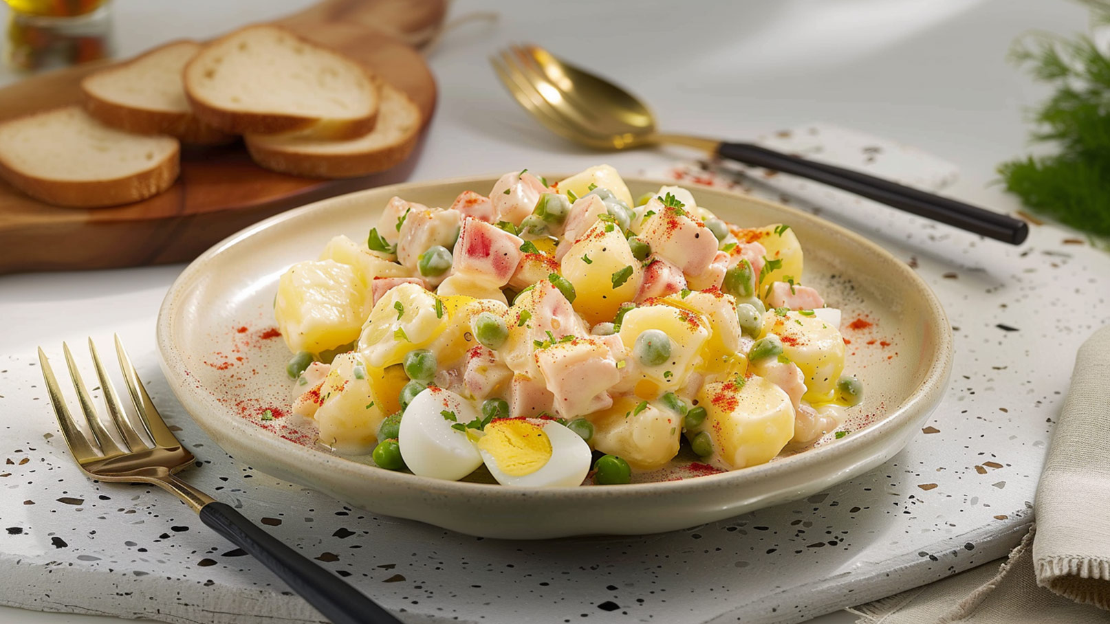 Ein Teller mit Kartoffelsalat, der aus gewürfelten Kartoffeln, Erbsen, Schinken und Eiern besteht. Der Salat ist mit grüner Petersilie und Paprika überstreut. Im Hintergrund sind einige Brotscheiben und Besteck sichtbar.